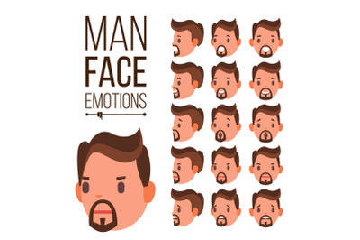 Man Emotions Vector. Different Male Face Avatar Expressions Set. Emotional Set For Animation. Isolated Flat Cartoon Illustration