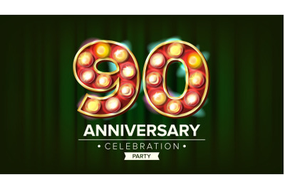 90 Years Anniversary Banner Vector. Ninety Celebration. 3D Glowing Element Digits. For Happy Birthday Luxurious Advertising Design. Modern Green Background Illustration