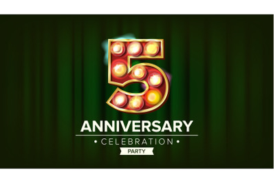 5 Years Anniversary Banner Vector. Five&2C; Fifth Celebration. Glowing Lamps Number. For Traditional Company Birthday Design. Retro Green Background Illustration