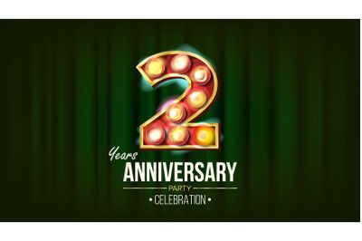 2 Years Anniversary Banner Vector. Two, Second Celebration. 3D Glowing Element Digits. For Happy Birthday Luxurious Advertising Design. Modern Green Background Illustration