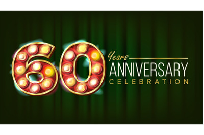 60 Years Anniversary Banner Vector. Sixty&2C; Sixtieth Celebration. 3D Glowing Element Digits. For Flyer&2C; Card&2C; Wedding&2C; Advertising Design. Classic Green Background Illustration