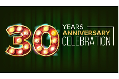 30 Years Anniversary Banner Vector. Thirty, Thirtieth Celebration. 3D Glowing Element Digits. For Invitation Card, Poster Advertising Design. Modern Green Background Illustration