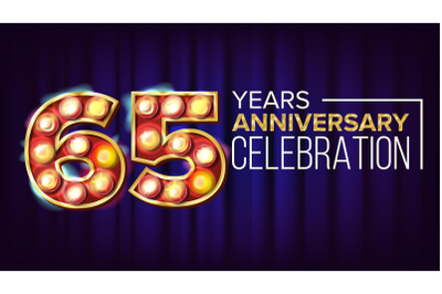 65 Years Anniversary Banner Vector. Sixty-five&2C; Sixty-fifth Celebration. Vintage Golden Illuminated Neon Light Number. For Traditional Company Birthday Design. Classic Blue Background Illustration