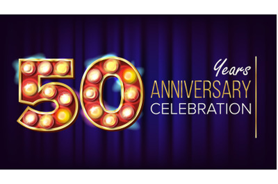 50 Years Anniversary Banner Vector. Fifty&2C; Fiftieth Celebration. Lamp Background Digits. For Happy Birthday Luxurious Advertising Design. Retro Blue Background Illustration