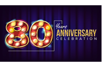 80 Years Anniversary Banner Vector. Eighty-eight, Eight Celebration. Lamp Background Digits. For Congratulation Postcards, Flyers, Gift Cards Advertising Design. Business Blue Background Illustration