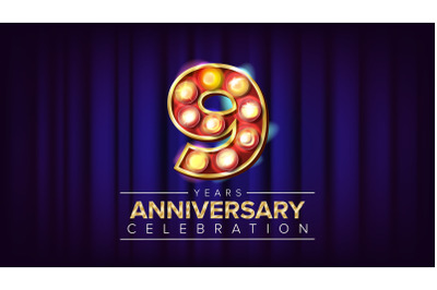 9 Years Anniversary Banner Vector. Nine&2C; Ninth Celebration. Vintage Golden Illuminated Neon Light Number. For Business Cards&2C; Postcards&2C; Flyers&2C; Gift Cards Design. Classic Blue Background Illustration