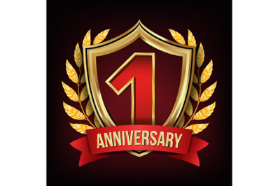 One Year Anniversary Vector. One&2C; First Celebration. Red Ribbon. Shining Gold Sign. Number One. Laurel Wreath. For Business Cards&2C; Flyers Event Design. Illustration