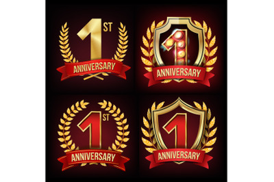 One Year Anniversary Banner Set Vector. 1 Age Sign. One&2C; First Celebration. Shining Gold Sign. Number One. Laurel Wreath. For Party Business Cards&2C; Postcards&2C; Flyers&2C; Gift Cards Design. Illustration