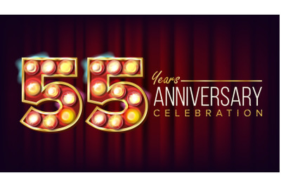 55 Years Anniversary Banner Vector. Fifty-five, Fifty-fifth Celebration. Shining Light Sign Number. For Party, Banner, Badge Design. Classic Red Background Illustration