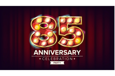 85 Years Anniversary Banner Vector. Eighty-five&2C; Eighty-fifth Celebration. Shining Light Sign Number. For Business Cards&2C; Postcards&2C; Flyers&2C; Gift Cards Design. Modern Red Background Illustration