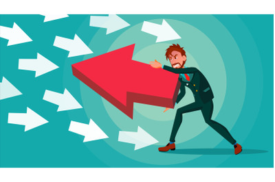 Businessman Pushing Arrow Vector. Strategy Concept. Standing Out From The Crowd. Different Idea. Against Obstacles. Opposite Direction. Cartoon illustration