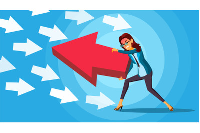 Business Woman Pushing Arrow Vector. Opponent Concept. Opposite Direction. Standing Out From The Crowd. Against Obstacles. Cartoon illustration