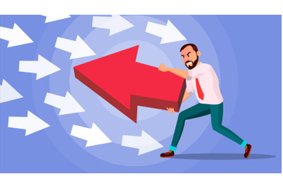 Businessman Pushing Arrow Vector. Opposite Direction. Strategy Concept. Standing Out From The Crowd. Opponent. Against Obstacles. Cartoon illustration