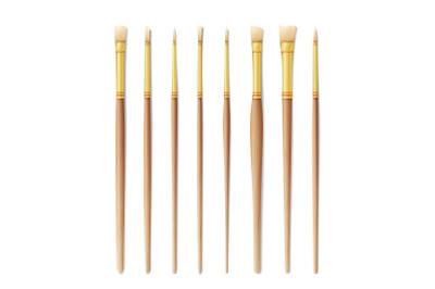 Realistic Artist Paintbrushes Set. Paint Brush Set Isolated On White Background. Vector Collection For Artist Design. Watercolor, Acrilic Or Oil Brushes With Light Wooden Handle