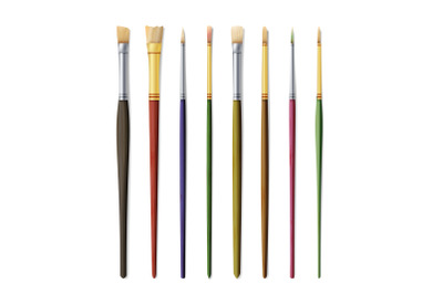 Realistic Artist Paintbrushes Set. Paint Brush Set Isolated On White Background. Vector Collection For Artist Design. Watercolor, Acrilic Or Oil Brushes With Light Wooden Handle