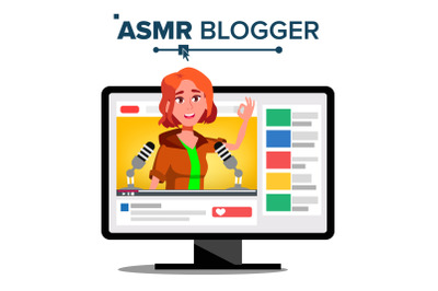 ASMR Blogger Channel Vector. Girl. Enjoying Sound. Video Blog Channel. Isolated Illustration