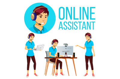 Online Assistant Asian Woman Vector. User Support Service. Hotline Operator. Illustration