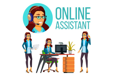 Online Assistant European Woman Vector. Headphone, Headset. Helpline Operator. Website Support. Illustration