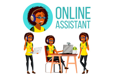 Online Assistant African Woman Vector. Headphone, Headset. Call Center. Technical Support. Dispatcher. Illustration