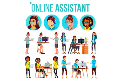 Online Assistant Woman Set Vector. Online Global Tech Support 24 7. Advises Client. Headphone, Headset. Talking. Office Workers At The Computer. Assistance And Counseling. Illustration