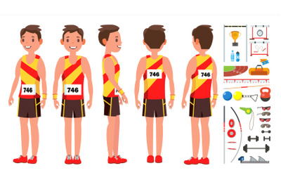 Athletics Man Player Male Vector. Competition Concept. Energetic People. High Jump. Doing Different Track. Cartoon Athlete Character Illustration