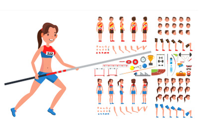 Athletics Player Male, Female Vector. Athlete Animated Character Creation Set. Man, Woman Full Length, Front, Side, Back View, Accessories, Poses, Face Emotions, Gestures. Flat Cartoon Illustration