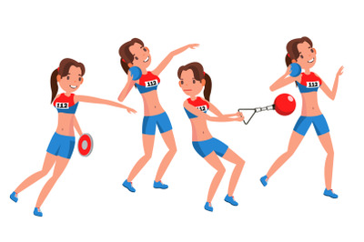 Athletics Female Player Vector. Playing In Different Poses. Woman. Athlete Isolated On White Cartoon Character Illustration