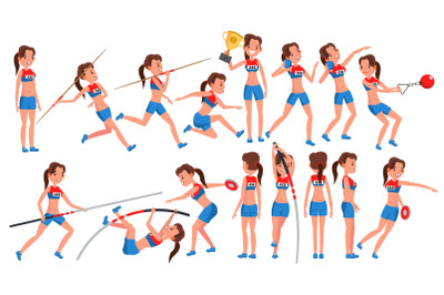 Athletics Girl Player Female Vector. Athletic Sport Competition. Sports Equipment. Sprinter. Sprint Start. Cartoon Athlete Character Illustration