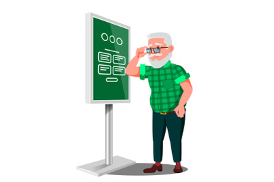 Old Man Using ATM, Digital Terminal Vector. Interactive Informational Kiosk. Electronic Self Service Payment System. Isolated Flat Cartoon Illustration