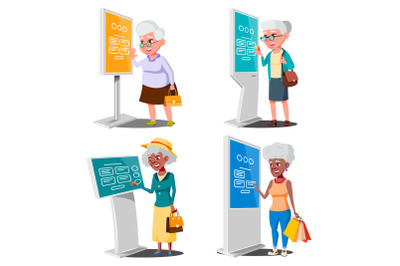 Old Woman Using ATM, Digital Terminal Vector. Set. LCD Digital Signage For Indoor Using. Interactive Informational Kiosk. Money Deposit, Withdrawal. Isolated Flat Cartoon Illustration