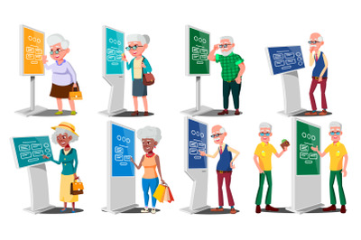 Old People Using ATM, Digital Terminal Vector. Man, Woman. Set. LCD Digital Signage For Indoor Using. Interactive Informational Kiosk. Money Deposit, Withdrawal. Isolated Flat Cartoon Illustration