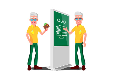 Old Man Using ATM, Digital Terminal Vector. Showcasing Information, Advertising. Isolated Flat Cartoon Illustration