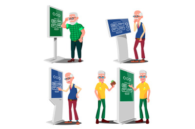 Old Man Using ATM, Digital Terminal Vector. Set. LCD Digital Signage For Indoor Using. Interactive Informational Kiosk. Money Deposit, Withdrawal. Isolated Flat Cartoon Illustration