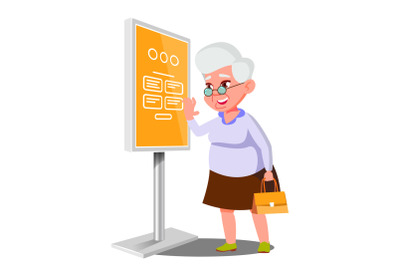 Old Woman Using ATM, Digital Terminal Vector. Interactive Informational Kiosk. Electronic Self Service Payment System. Isolated Flat Cartoon Illustration