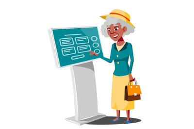 Old Woman Using ATM Machine, Digital Terminal Vector. Digital Kiosk LED Display. Self Service Information System. Isolated Flat Cartoon Illustration