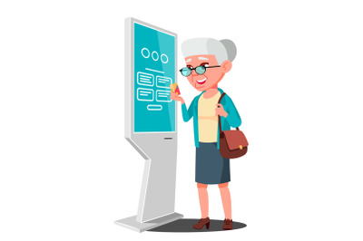 Old Woman Using ATM&2C; Digital Terminal Vector. Advertising Touch Screen. Floor Standing. Money Deposit&2C; Withdrawal. Isolated Flat Cartoon Illustration