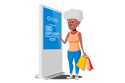 Old Woman Using ATM, Digital Terminal Vector. Showcasing Information, Advertising. Isolated Flat Cartoon Illustration