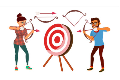 Archery Concept Vector. Woman And Man Shooting From A Bow In A Target. Archery Player Aiming At Target. Sport, Challenge, Leisure. Arrow. Flat Cartoon Illustration