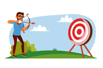 Attainment Concept Vector. Businessman Shooting From A Bow In A Target. Objective Attainment, Achievement. Flat Cartoon Illustration