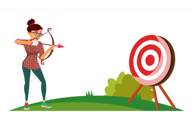 Attainment Winner Concept Vector. Business Woman Shooting From A Bow In A Target. Objective Attainment, Achievement, Success, Leadership. Flat Cartoon Illustration