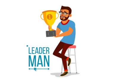 Attainment Concept Vector. Businessman Leader Holding Winner Golden Cup. Objective Attainment, Achievement. Best Worker, Achiever. Modern Office Employee. Flat Cartoon Illustration