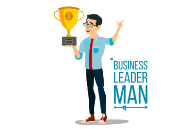 Attainment Achievement Concept Vector. Businessman Leader Holding Winner Cup. Entrepreneurship, Accomplishment. Best Worker, Achiever. Modern Office Employee, Manager Celebrating Success. Illustration