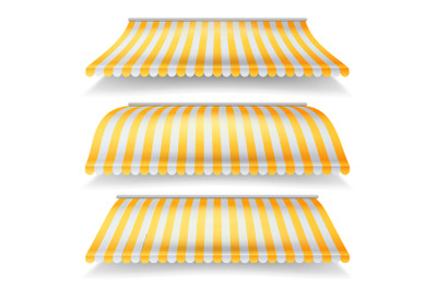 Striped Awnings Vector Set. Large Striped Awnings For Shop And Market Store. Design Element For Shops, Store Front. Isolated Illustration