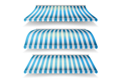 Awnings Vector Set. Different Forms. Italian Awning Striped For Market Store. Isolated Illustration