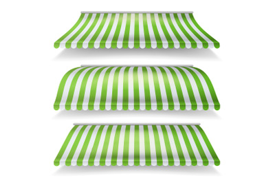 Striped Awnings Vector Set. Large Striped Awnings For Shop And Market Store. Design Element For Shops, Store Front. Isolated Illustration