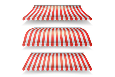 Classic Red And White Awning Vector Set. Realistic Store Awning Isolated On White Background Illustration