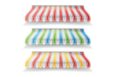 Striped Awnings Vector Set. Large Striped Awnings For Shop And Market Store. Isolated On White Background Illustration