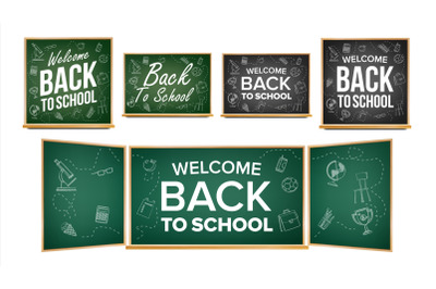 Back To School Banner Design Vector. Classroom Chalkboard&2C; Blackboard. Doodle Icons. Sale Background. Welcome. 1 September. Education Related. Realistic Illustration