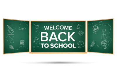 Back To School Banner Vector. Green. Classroom Chalkboard. Doodle Icons. Sale Flyer. Welcome. Retail Marketing Promotion. Realistic Illustration