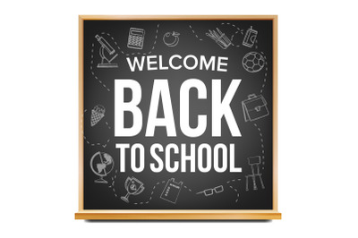 Back To School Banner Design Vector. Classroom Blackboard. Black. Doodle Icons. Sale Flyer. Retail Marketing Promotion. Realistic Illustration